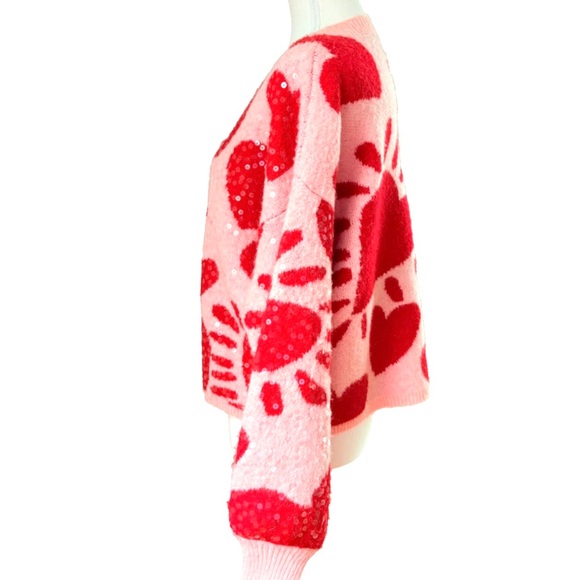 Luna Ivy size S pink w red hearts sequins long sleeve crew neck pullover sweater - Picture 2 of 16